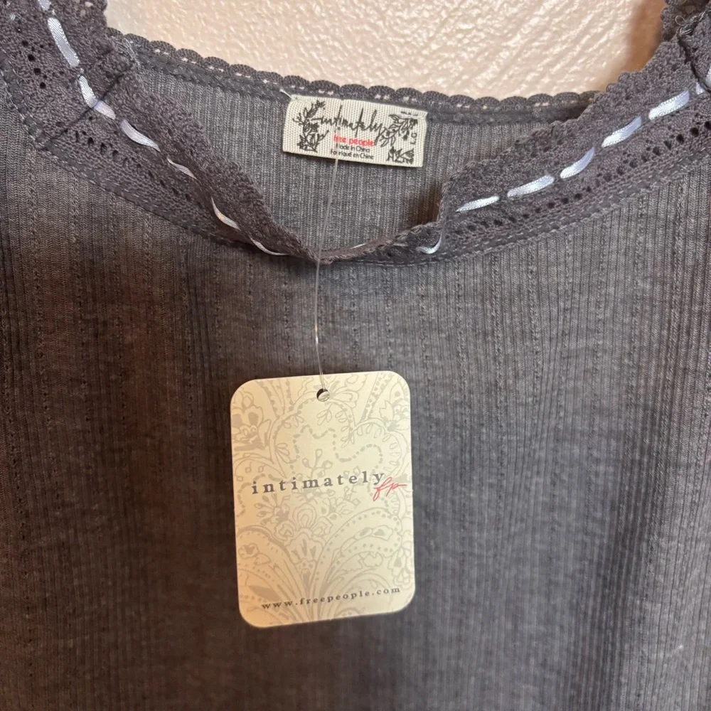 NEW Free People‎ Intimately You Tank Top Lace Trim Cotton Ribbed Gray Large